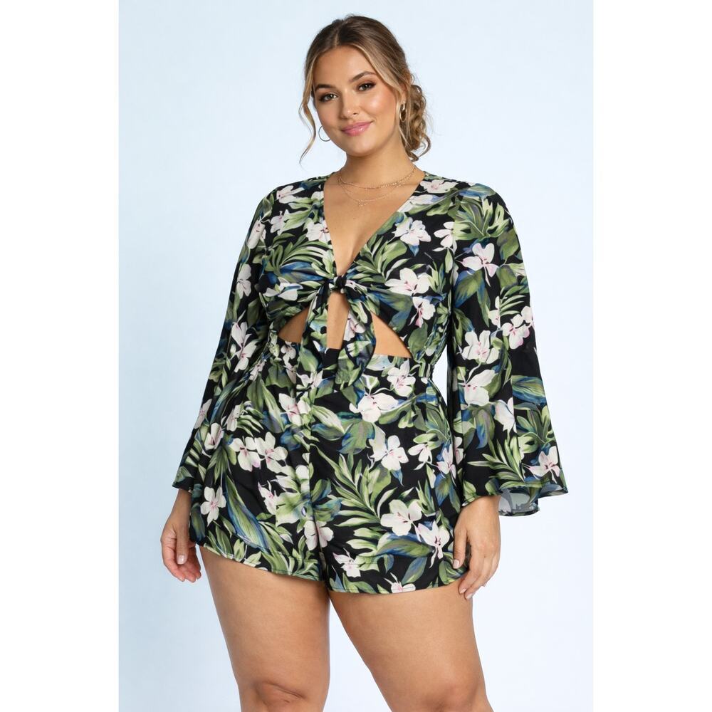 Show Me Your Mumu Charleston Romper Black Tropical Tie Front Bell Sleeve NWT XL
